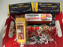 Load image into Gallery viewer, Dubai Chocolate Gift Pack.  Dubai Chocolate made with Dark Chocolate, Dubai Chocolate made with Hazelnut Spread instead of PIstachio, Cloverdale Shelf Stable Summer Sausage, Hunters Reserve Shelf Stable Smoked Swiss Cheese
